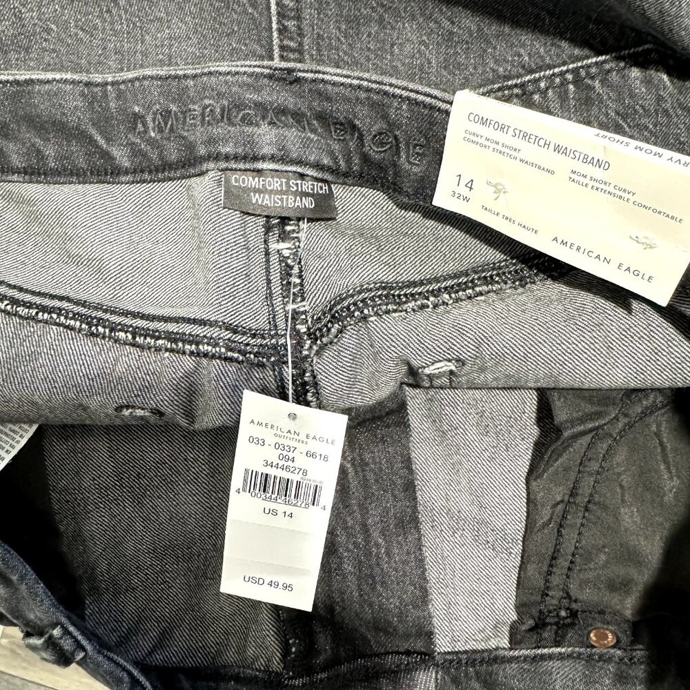 NWT American Eagle Curvy Mom Short Size 14 / 32W Black Denim Cuffed Stretch - Picture 8 of 11